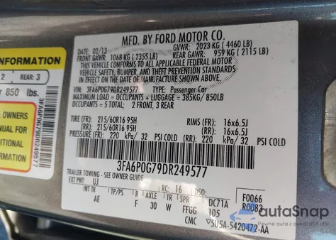 2013 Ford Fusion S from USA, damaged, VIN 3FA6P0G79DR249577